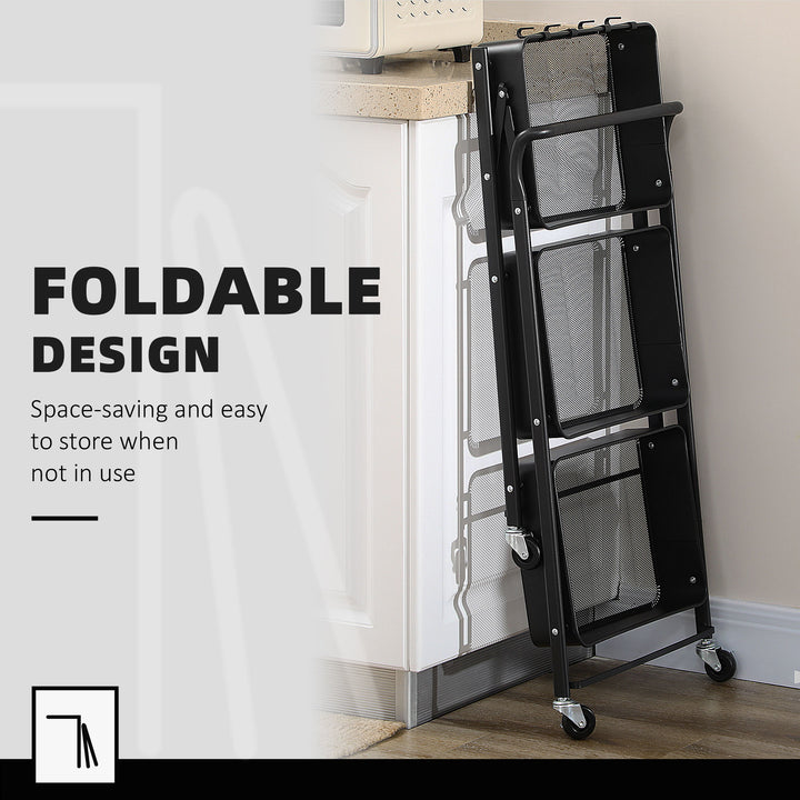 3 Tier Storage Trolley Cart, Foldable Rolling Utility Cart with 3 Mesh Baskets, 4 Removable Hooks for Living Room, Laundry and Kitchen, Black