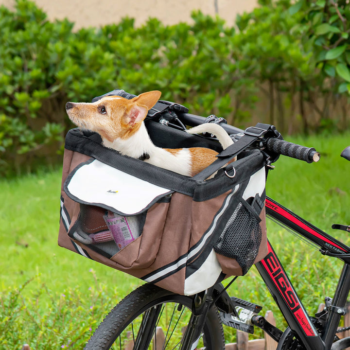 Foldable Pet Carrier Bag Dog Bike Basket Soft-Sided Cat Carrier w/ Storage Pockets, Brown