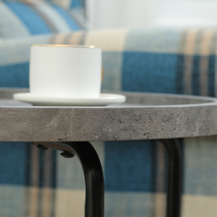 Round End Table, Modern Accent Side Table with Cement Effect Tabletop and Metal Frame for Living Room