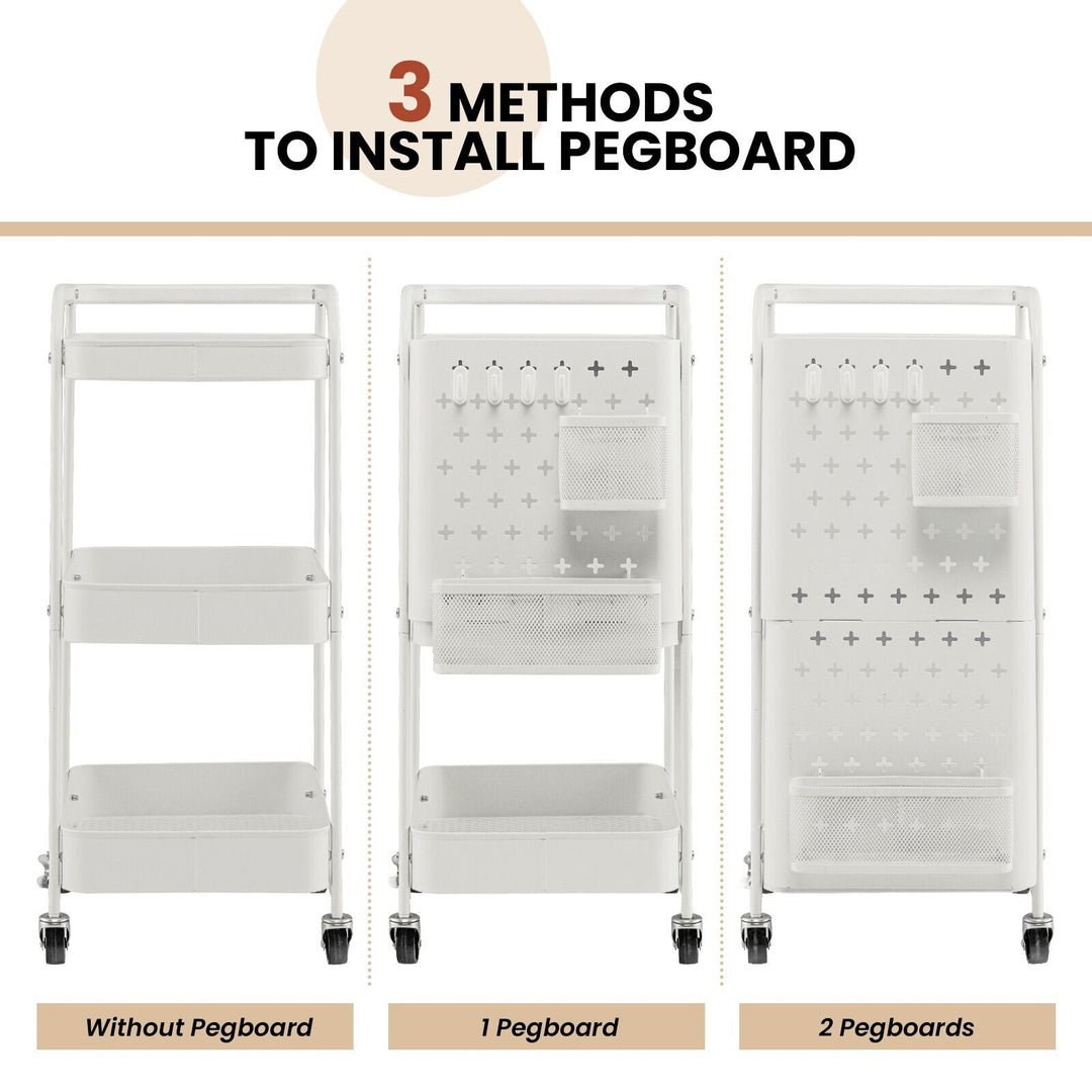 3-Tier Rolling Storage Organizer Cart with Dual DIY Pegboards-White