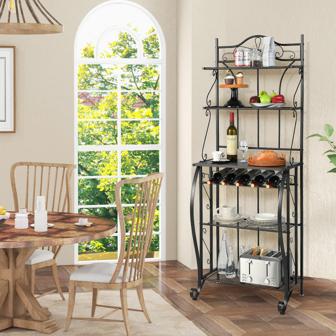 5-Tier Freestanding Baker's Rack with Wine Rack and Adjustable Foot Pads