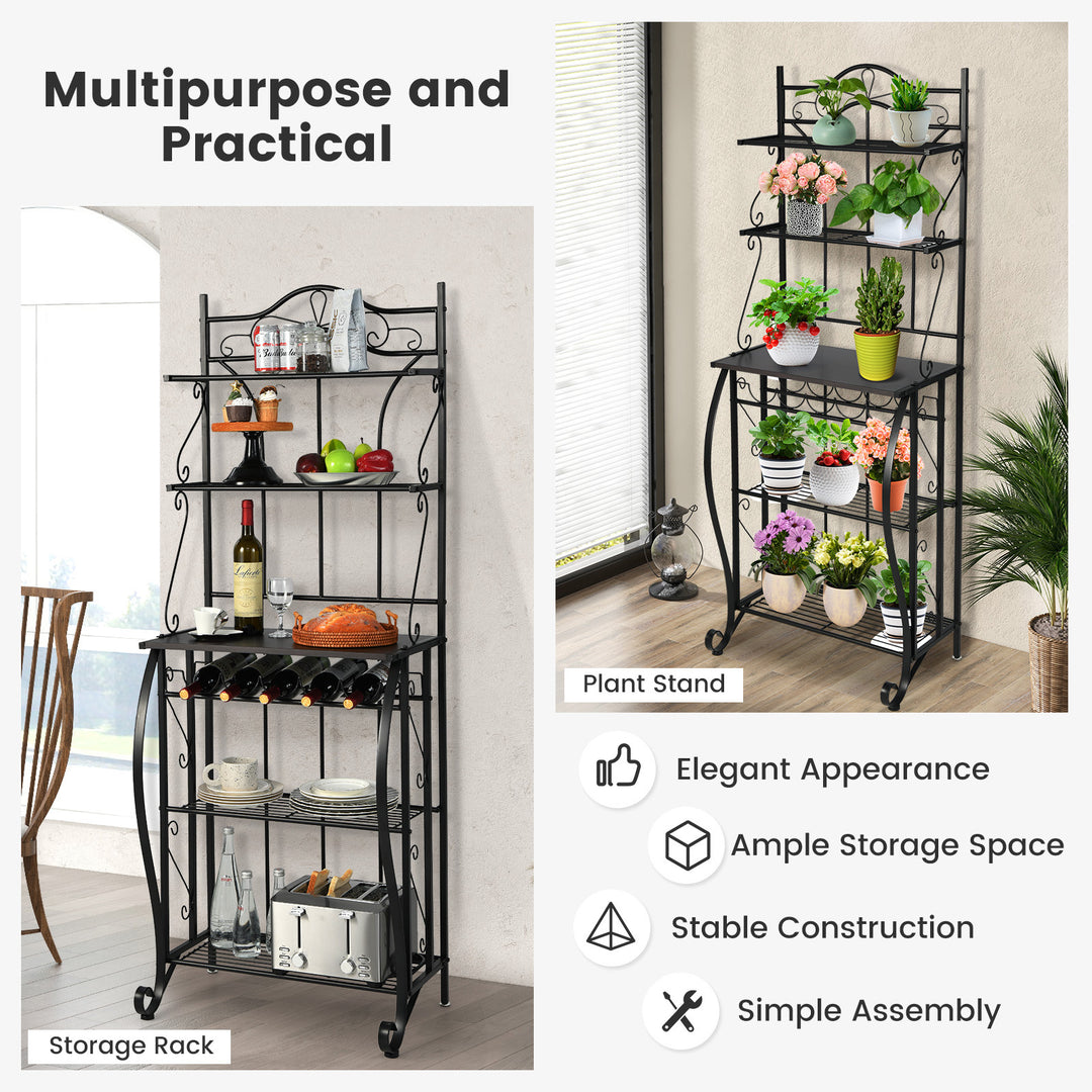 5-Tier Freestanding Baker's Rack with Wine Rack and Adjustable Foot Pads