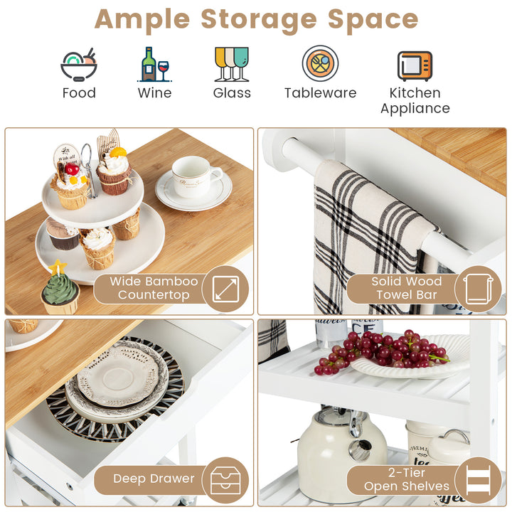 Bamboo Rolling Kitchen Island with Pull-Out Drawer-White