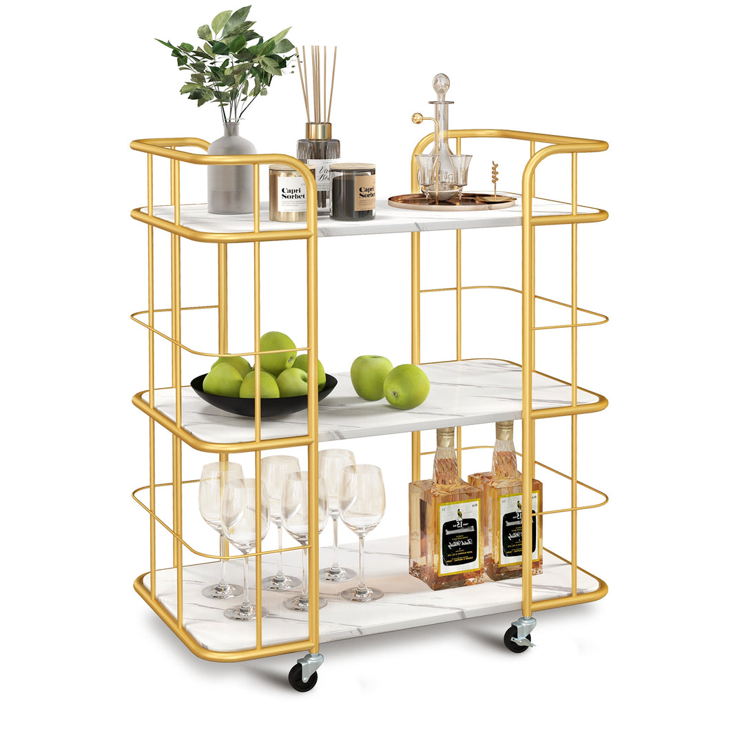 3-Tier Rolling Buffet Serving Cart with Lockable Wheels and Handles-Golden