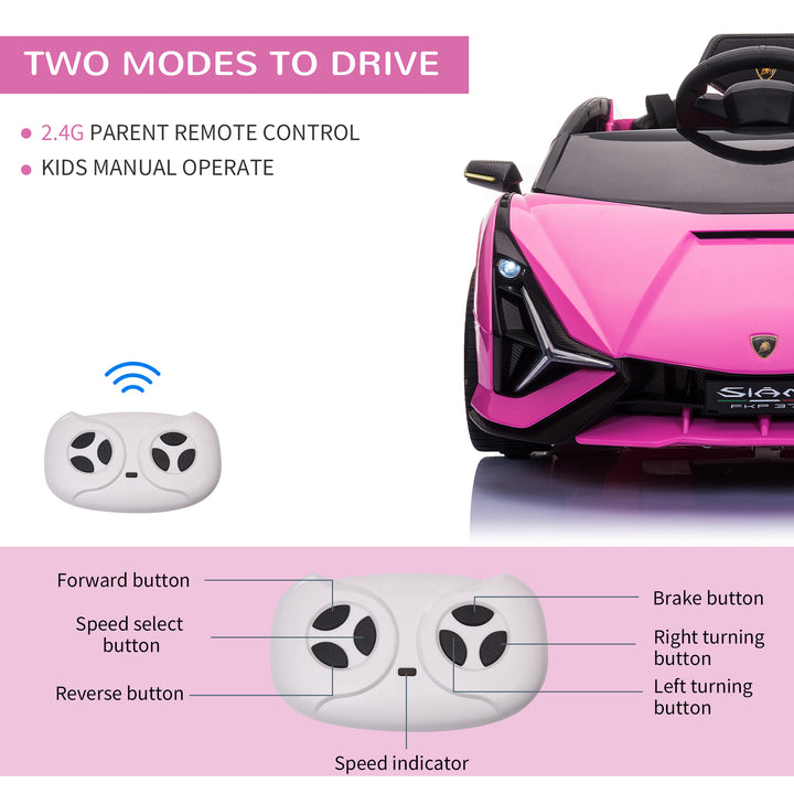 Compatible 12V Battery-powered Kids Electric Ride On Car Lamborghini SIAN Toy with Parental Remote Control Lights MP3 for 3-5 Years Old Pink