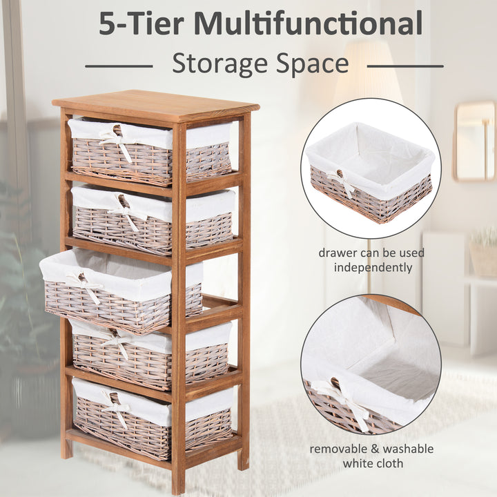 5 Drawer Dresser Wicker Basket Storage Shelf Unit Wooden Frame Home Organisation Cabinet Bedroom Office Furniture Natural Finish