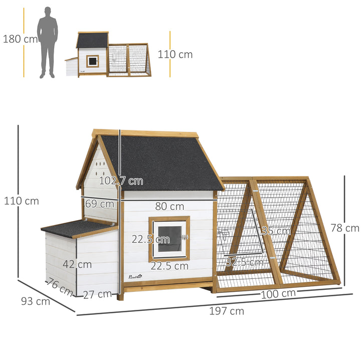 PawHut Chicken Coop, Hen House, Wooden Poultry Cage with Outdoor Run, Nesting Box, Removable Tray, Window and Lockable Door, 197 x 93 x 110cm