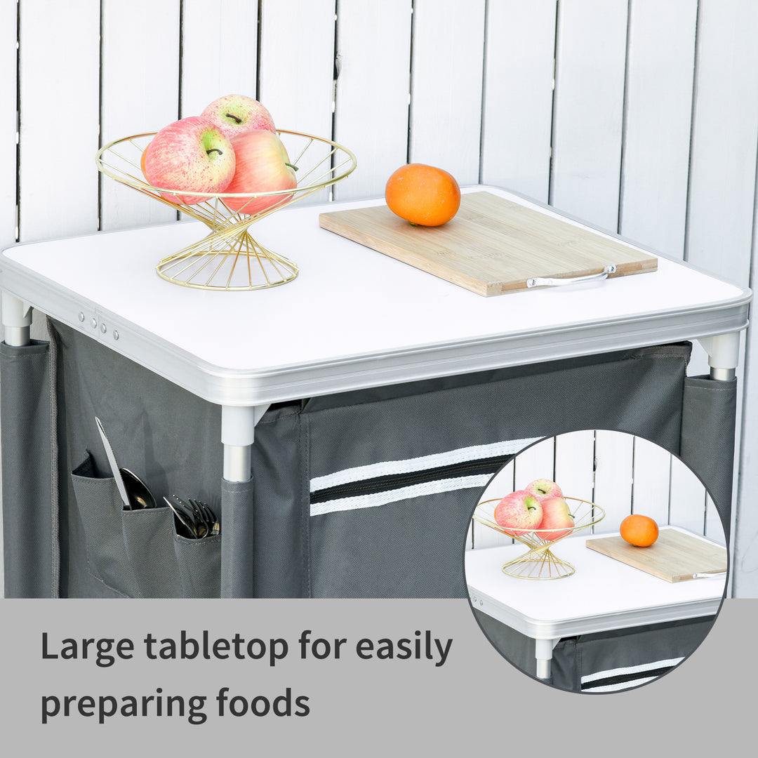 3-Shelf Camping Cupboard Camping Kitchen Station Cook Table, Storage Organiser for BBQ Party Picnics Backyards with Carrying Bag, Grey