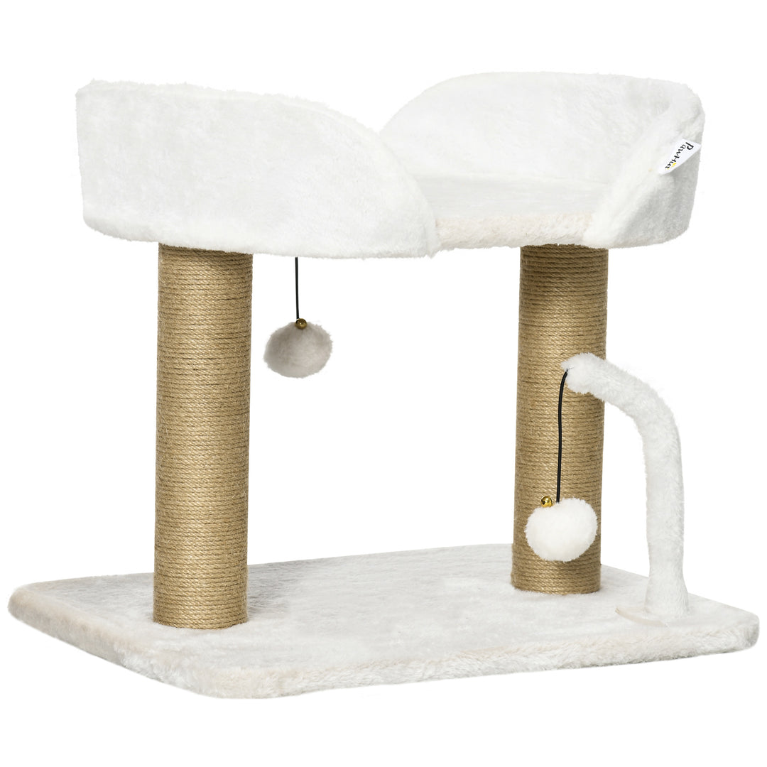 PawHut 42cm Indoor Cat Tree, with Toy Balls, Jute Scratching Post - White