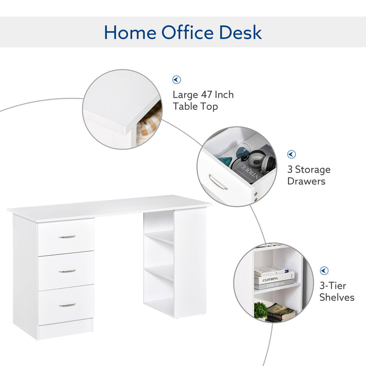 Computer Writing Desk w/ 3 Shelf & Drawers White