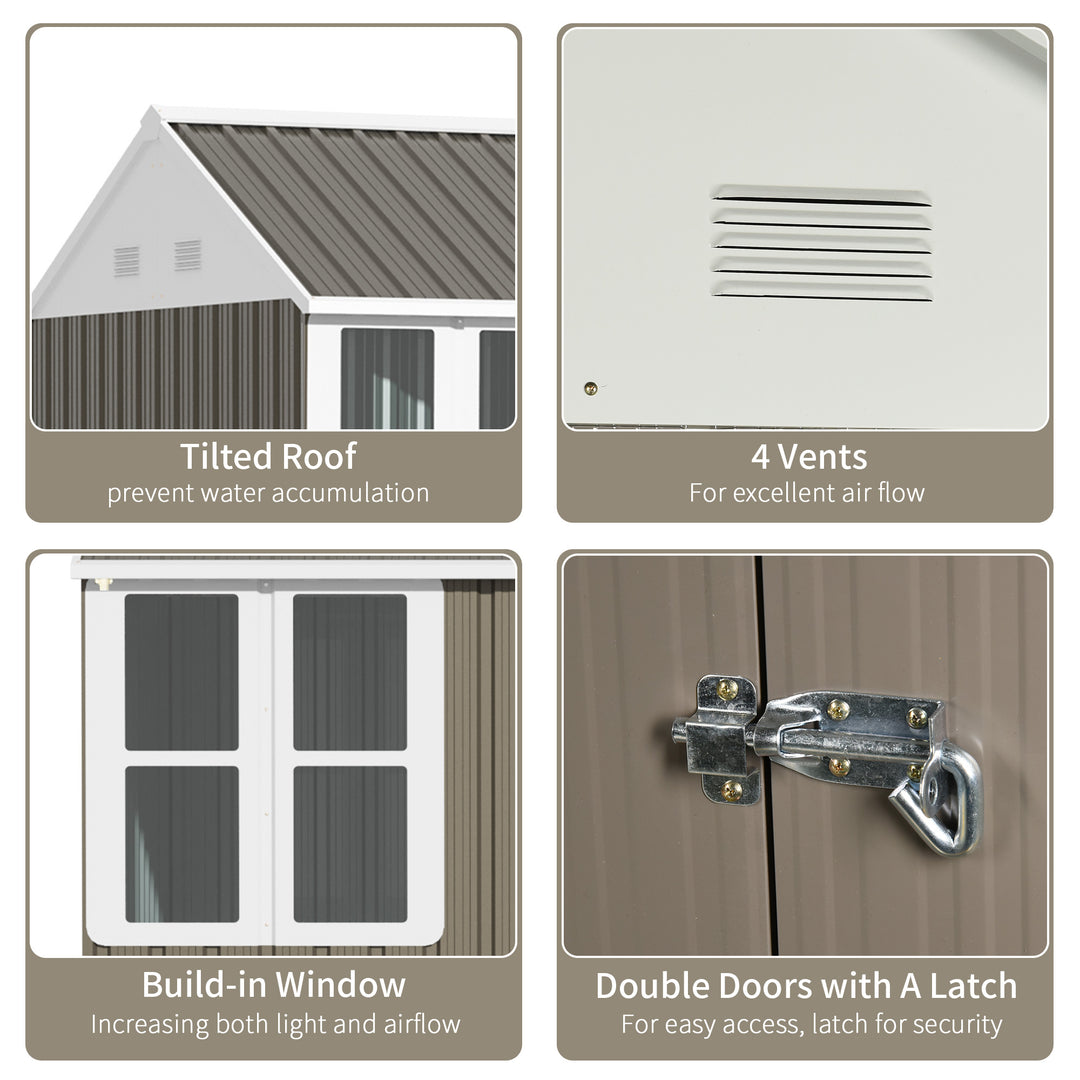 8 x 6 ft Metal Garden Storage Shed Patio Corrugated Roof Tool Storage Box w/ Double Door Window Sloped Roof, Grey