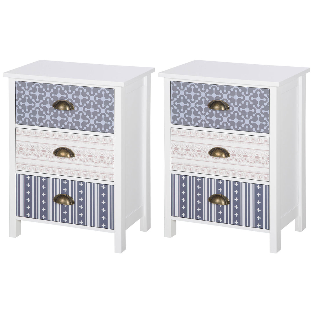 Bedside Table Set of 2 Chest of 3 Drawers Shabby Chic Nightstands with Metal Handle Sofa Side Table for Living Room, Bedroom,Purple