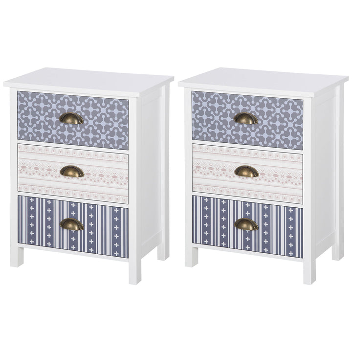 Bedside Table Set of 2 Chest of 3 Drawers Shabby Chic Nightstands with Metal Handle Sofa Side Table for Living Room, Bedroom,Purple