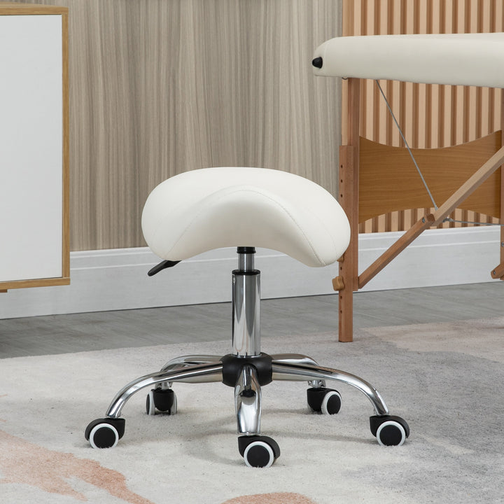 Cosmetic Stool 360° Rotate Height Adjustable Salon Massage Spa Chair Hydraulic Rolling Faux Leather Saddle Stool, Cream