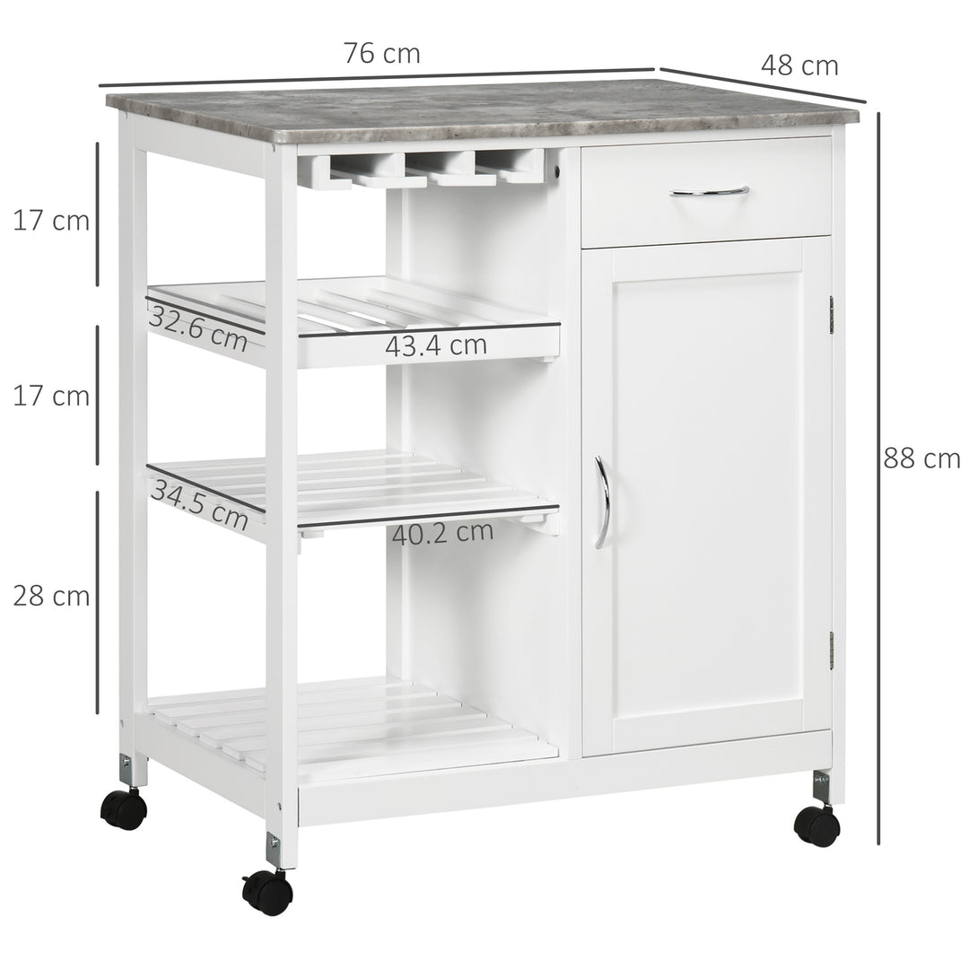 Compact Kitchen Trolley Utility Cart on Wheels with Wine Rack, Drawer, Open Shelf and Storage Cabinet for Dining Room, White