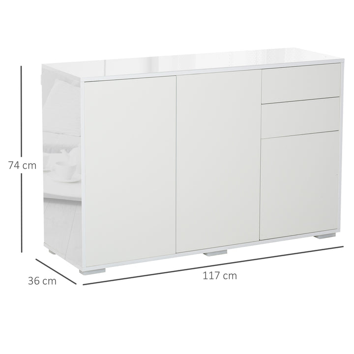 High Gloss Sideboard, Side Cabinet, Push-Open Design with 2 Drawer for Living Room, Bedroom, White