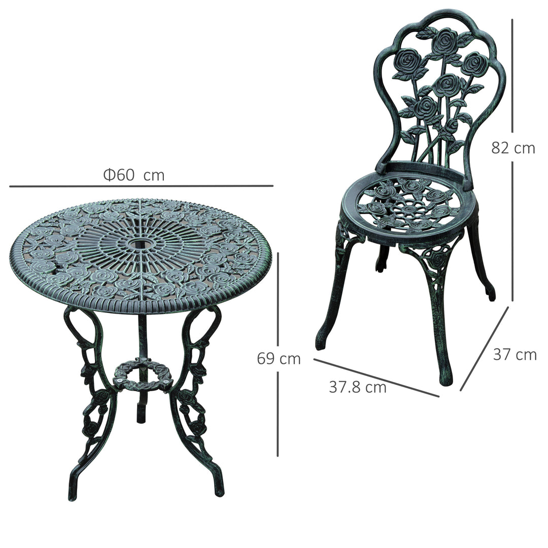 Outsunny Cast Aluminium Outdoor Patio Garden Bistro Elegant Design Table Chair Set - Green (3-Piece)