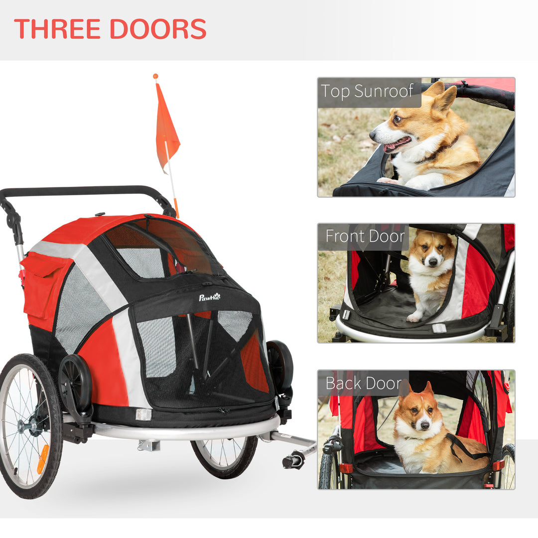 Dog Bike Trailer, Two-In-One Foldable Pet Bike Trailer w/ Safety Leash, Flag, for Small Cats, Puppies, Camping, Hiking - Red