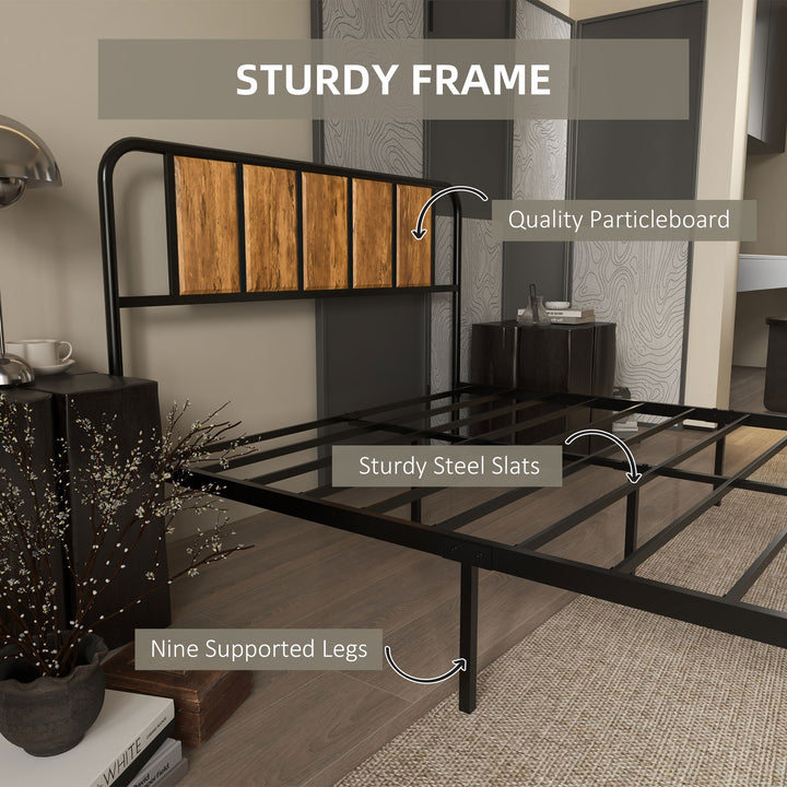 25.5cm Double Bed Frame, Industrial Bed Base with Headboard, Footboard, Steel Slat Support and Under Bed Storage, 145 x 199cm, Rustic Brown