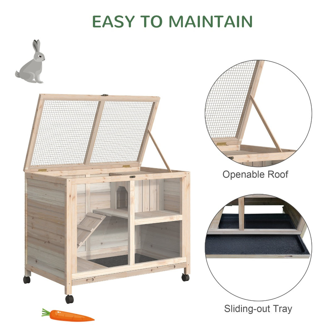 PawHut Wooden Rabbit Hutch Guinea Pigs House Bunny Small Animal Cage W/ Pull-out Tray Openable Roof Wheels 91.5 x 53.3 x 73 cm