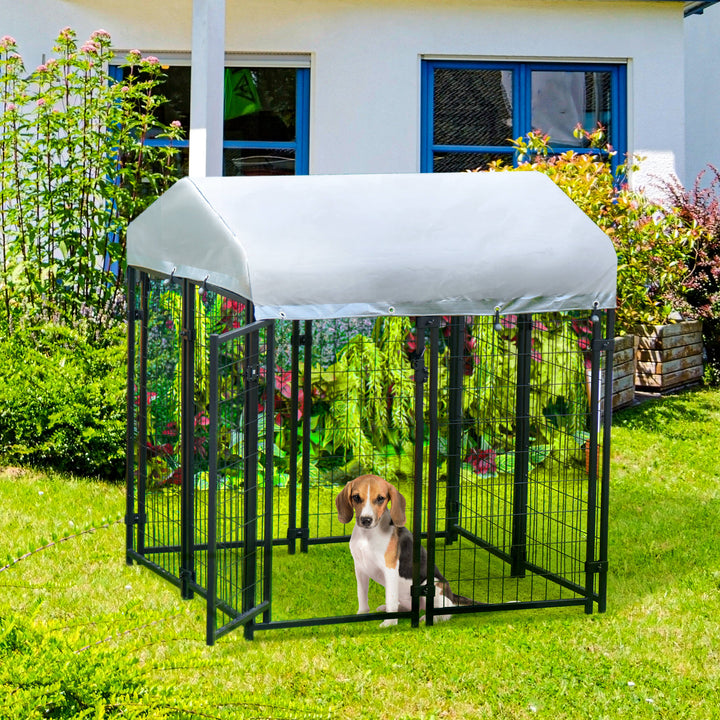 Outdoor Dog Kennel, Dog Run with UV-Resistant Canopy & Lockable Design, Metal Playpen Fence for Small and Medium Dogs, 120 x 120 x 138 cm