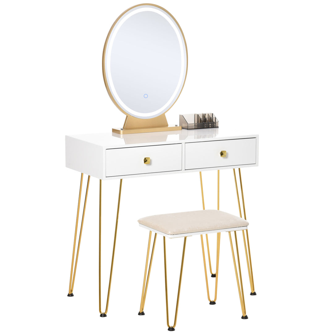 Dressing Table Set with LED Light, Round Mirror, Vanity Makeup Table with 2 Drawers and Cushioned Stool for Bedroom, White