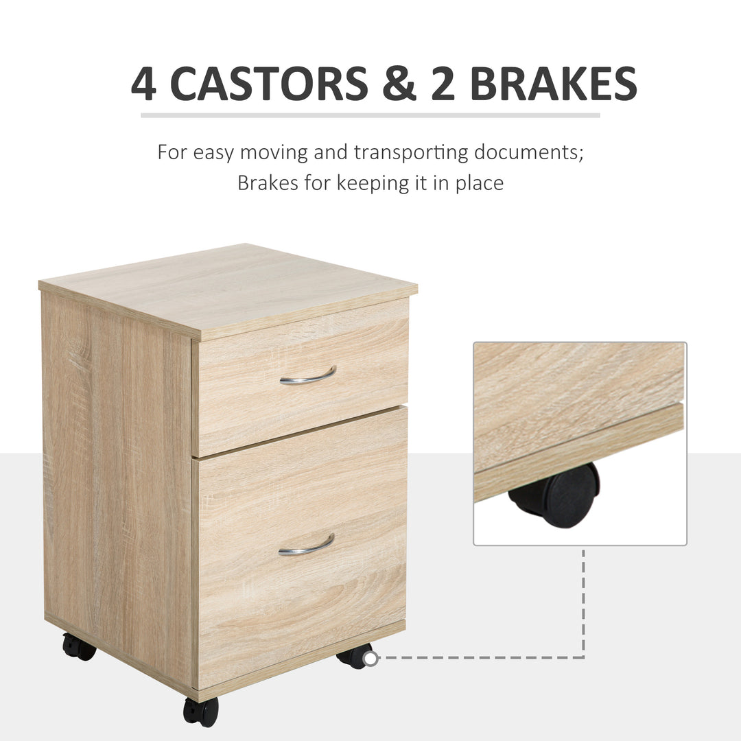 Mobile Wooden 2 Drawers Cabinet Storage Box with Wheels (Oak)