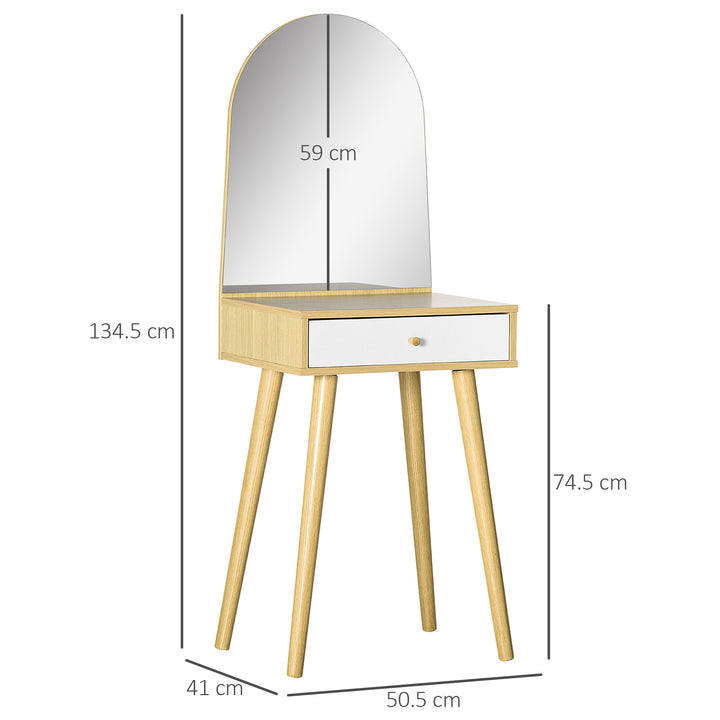 Modern Dressing Table with Large Mirror and Storage Drawer, Compact Vanity Table for Bedroom, Natural