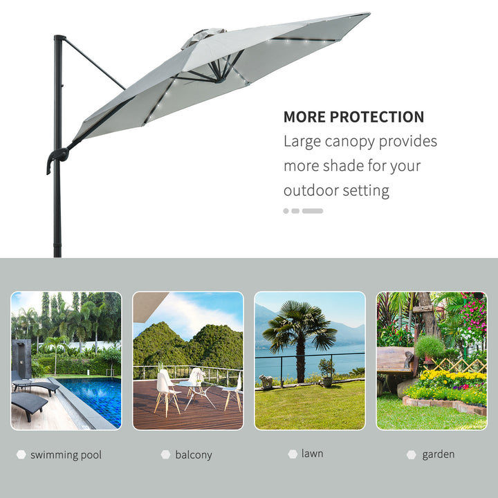 Outsunny 3(m) Cantilever Roma Parasol Patio Sun Umbrella with LED Solar Light Cross Base 360° Rotating Outdoor, Grey