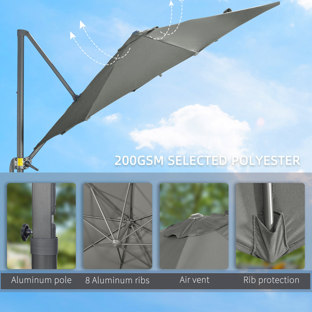 3 x 3(m) Cantilever Parasol with Cross Base, Garden Umbrella with 360° Rotation, Crank Handle and Tilt for Outdoor, Patio, Grey