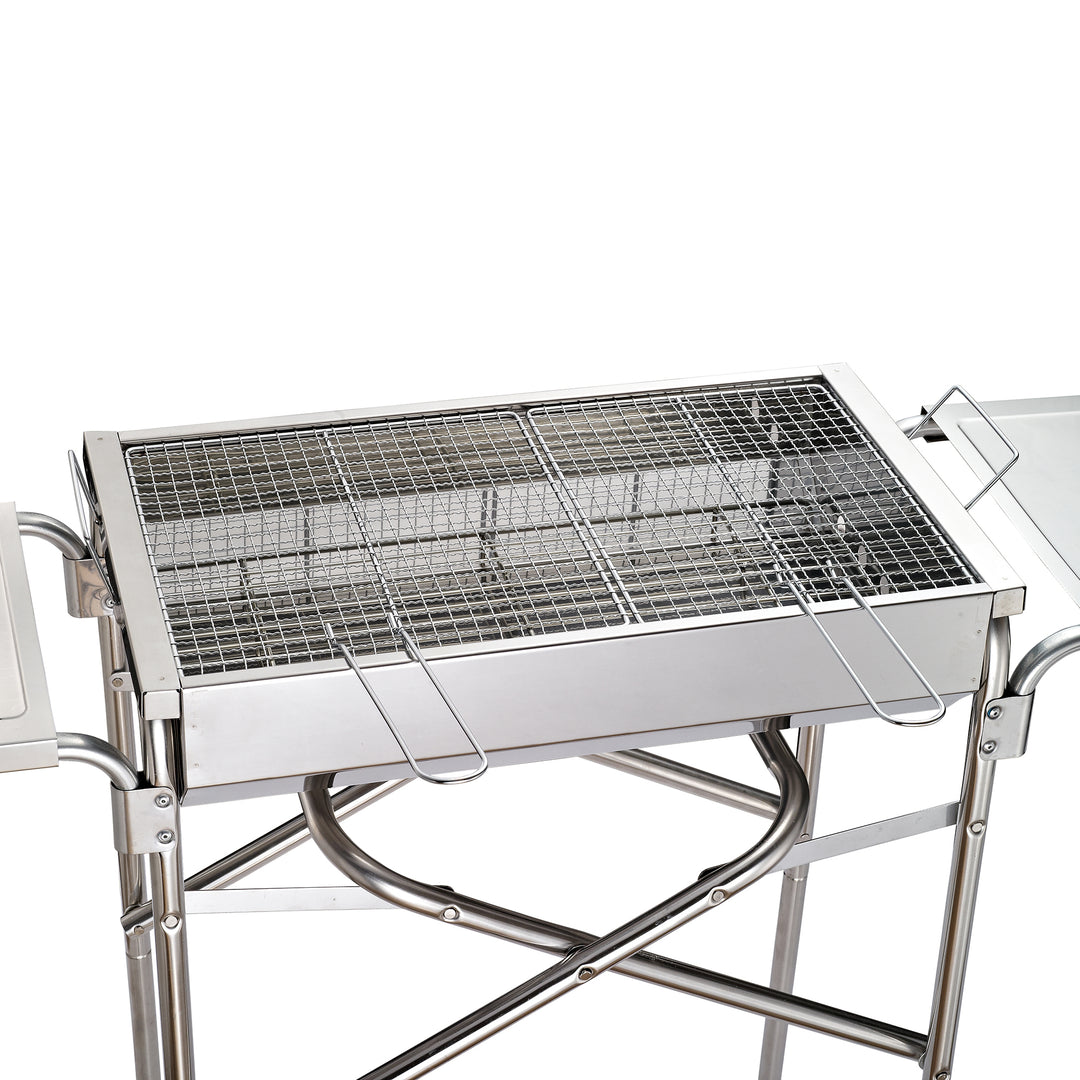 Folding Barbecue Grill Garden Rectangular Stainless Steel BBQ w/ Adjustable legs, BBQ grates, frying plate and Non-stick pan, Silver