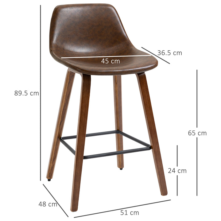 Bar Stools Set of 2, Breakfast Bar Chairs, Tall Kitchen Stools PU Leather with Backrests and Wood Legs, Brown