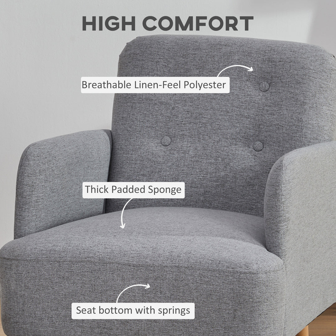 Upholstered Armchair, Nature Wood Frame Living Room Chairs with Birch Wood Legs &amp; Thick Padding Seat and Button Mid-Back, Light Grey
