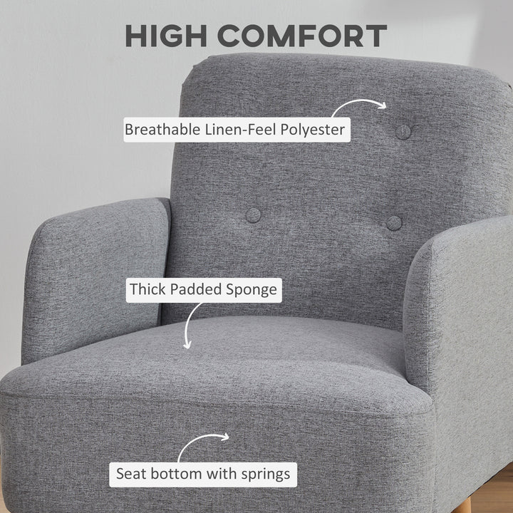 Upholstered Armchair, Nature Wood Frame Living Room Chairs with Birch Wood Legs &amp; Thick Padding Seat and Button Mid-Back, Light Grey