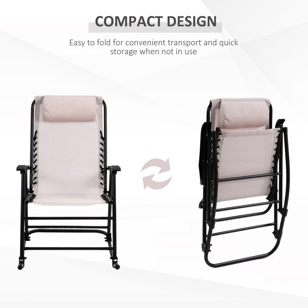 Garden Rocking Chair Folding Outdoor Adjustable Rocker Zero-Gravity Seat with Headrest Camping Fishing Patio Deck - Beige