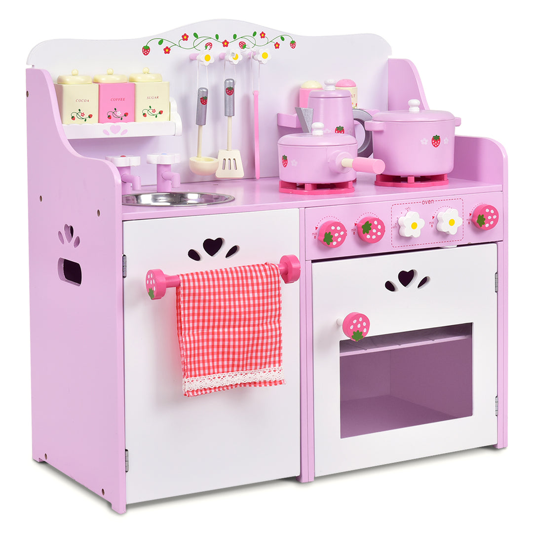 Kids Wooden Kitchen Playset with Oven and 13-Pieces Cookware