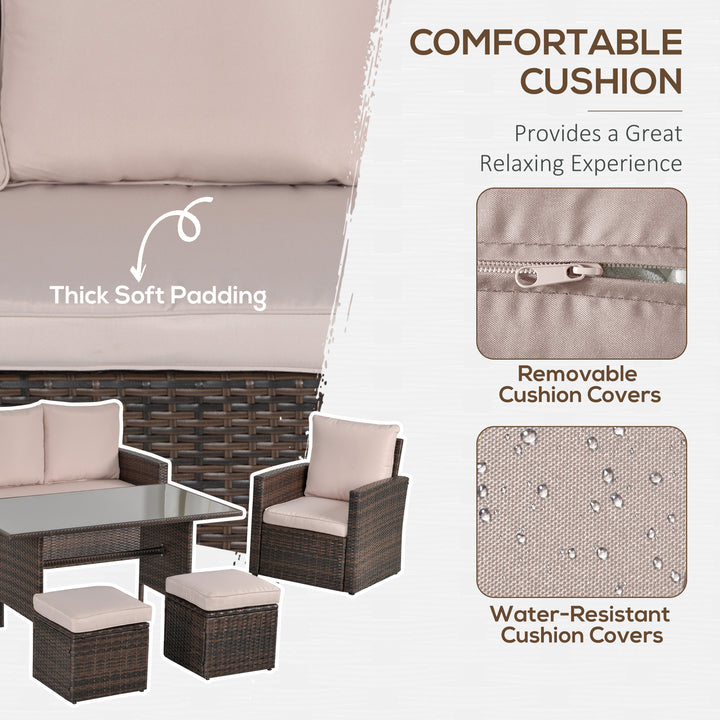 Outsunny 6 PCS Outdoor Patio PE Rattan Wicker Tempered Glass Dining Table Sets for Garden Backyard w/ Cushions & Mixed Brown