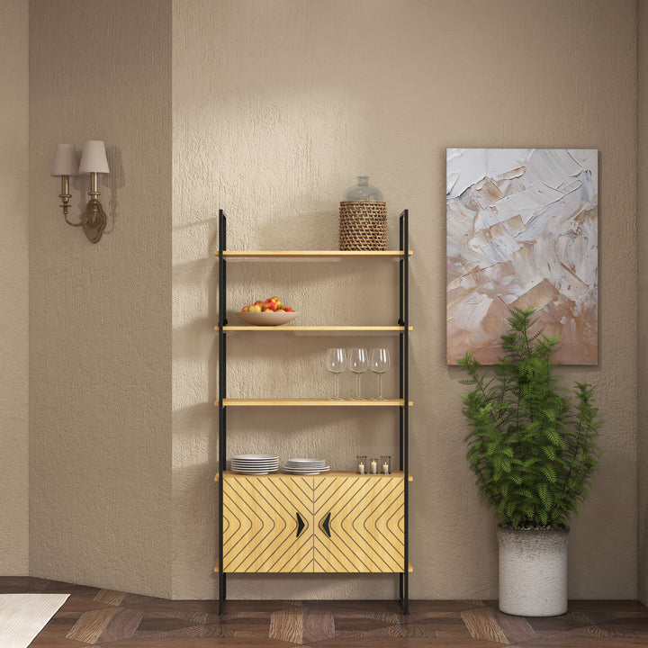 Industrial Bookshelf 4-Tier Shelving with Double Door Cabinet and Metal Frame for Living Room, Bedroom, Oak Tone