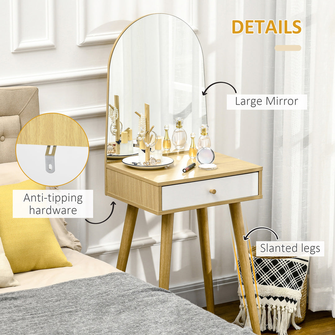 Modern Dressing Table with Large Mirror and Storage Drawer, Compact Vanity Table for Bedroom, Natural