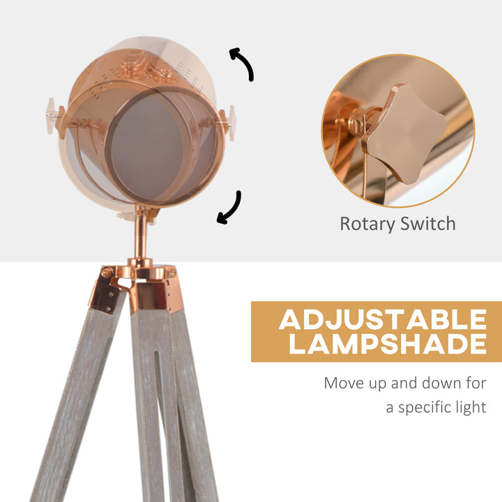 Industrial Tripod Floor Lamp, Nautical Searchlight with Adjustable Height, Wood Legs, E12 Lamp Base for Living, Bedroom, Grey and Rose Gold