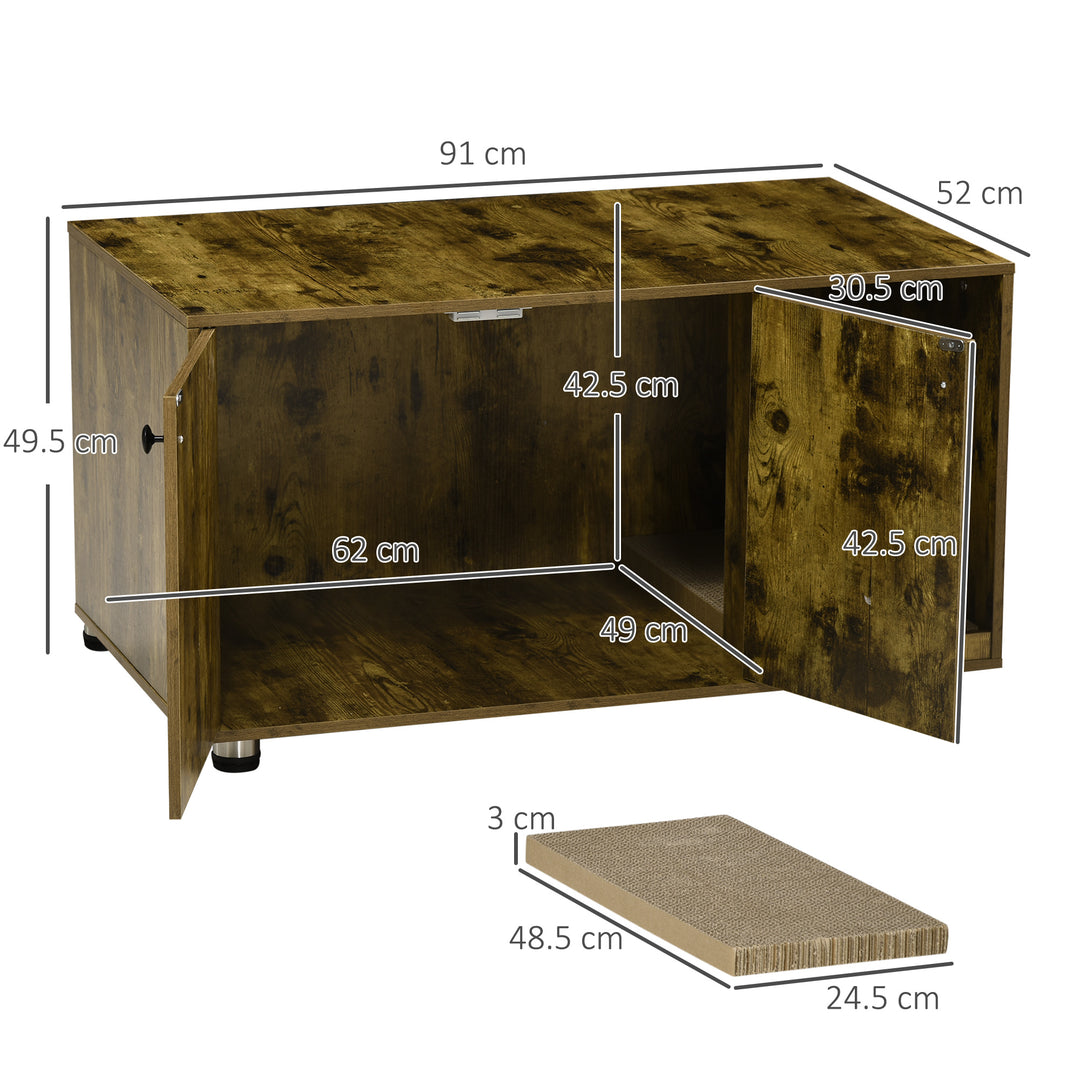 Cat Litter Box Enclosure, Hidden Cat Washroom, Decorative End Table with Double Doors, Scratching Pad, Rustic Brown