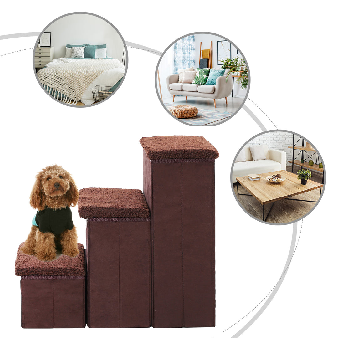 3 Step Pet Stairs Foldable Portable Mobility Assistance w/ Washable Fleece Cover 41x19cm Brown