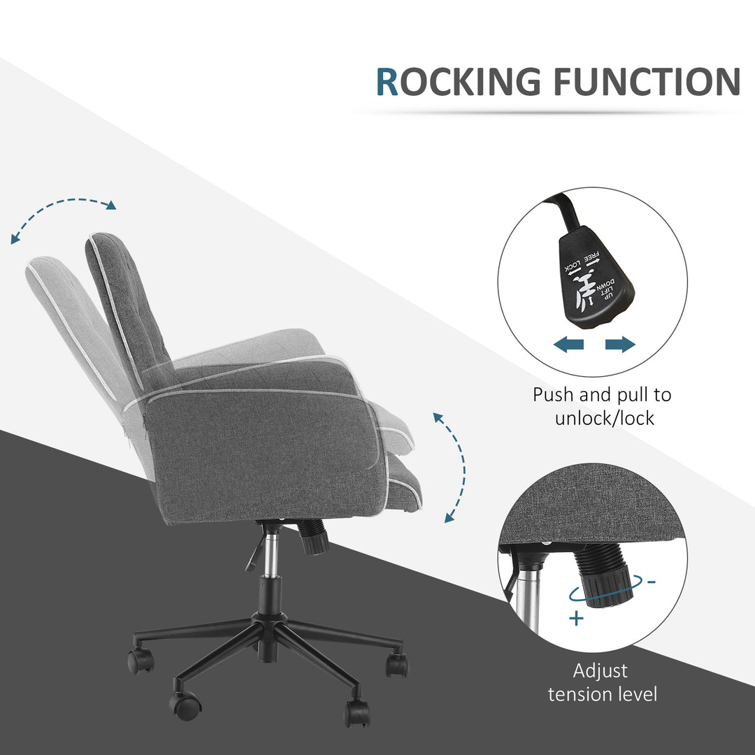 Linen Office Swivel Chair Mid Back Computer Desk Chair with Adjustable Seat, Arm - Grey