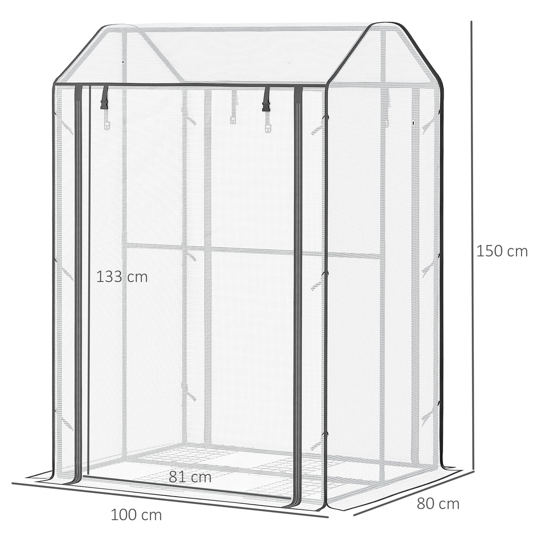 Outsunny Mini Greenhouse with Shelves Portable Garden Grow House for Plants with Roll Up Door and Vents, 100 x 80 x 150cm, White