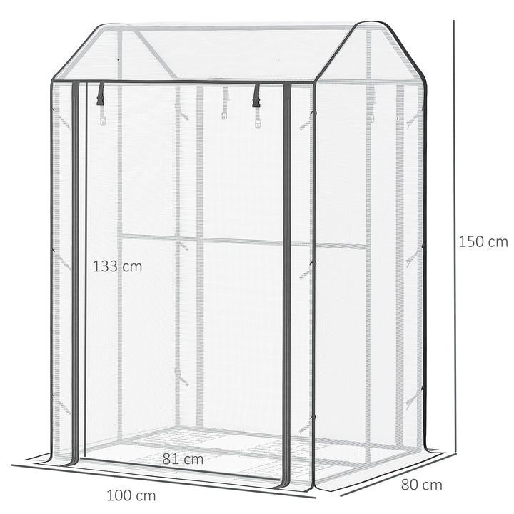 Outsunny Mini Greenhouse with Shelves Portable Garden Grow House for Plants with Roll Up Door and Vents, 100 x 80 x 150cm, White