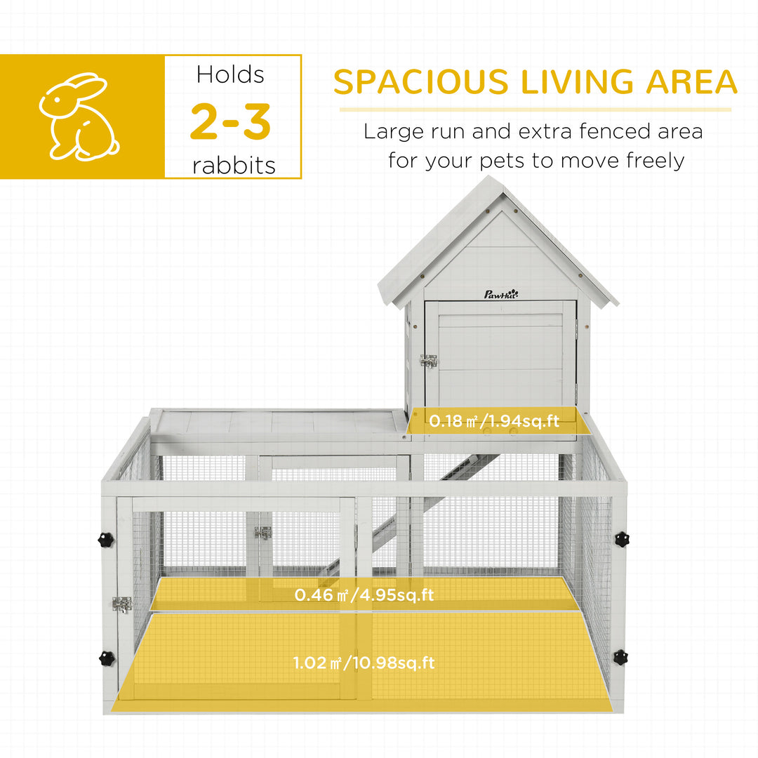 PawHut Wooden Rabbit Hutch with Extra Fenced Area, Large Guinea Pig Cage, Small Animal House for Indoor with Slide-out Tray, Light Grey