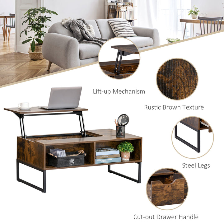 Extendable Coffee Table Lift Top Desk w/ Hidden Storage Compartment Drawer Metal Frame - Brown