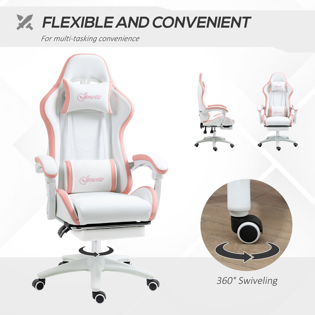 Vinsetto Racing Gaming Chair, Reclining PU Leather Computer Chair with 360 Degree Swivel Seat, White and Pink