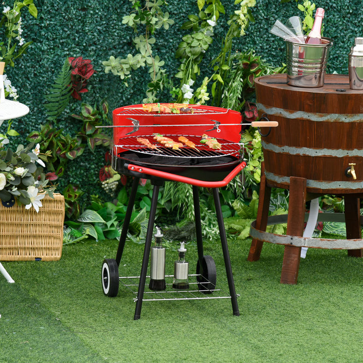 Charcoal Barbecue Grill Garden BBQ Trolley w/ Adjustable Grill Pan Height, Wheels and 3 layers, Red