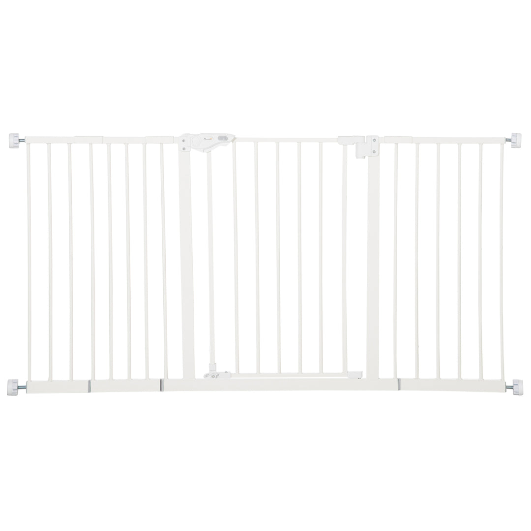 PawHut Adjustable Safety Gate Dog Barrier for Doorways, Corridors, Staircases with Three Extensions and Adjustable Screws - White